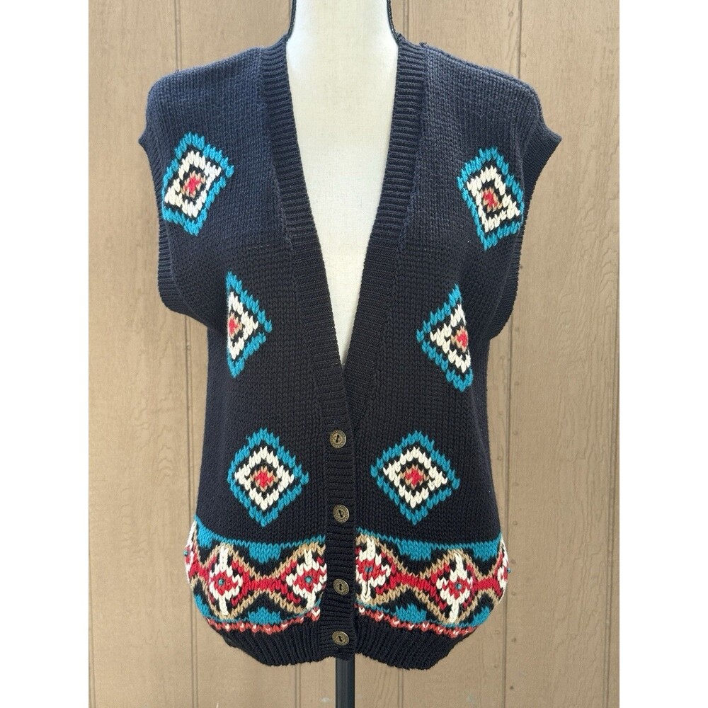 vintage SK & Company knit vest L Cardigan Vest 80s Preppy Diamond Plaid Knit